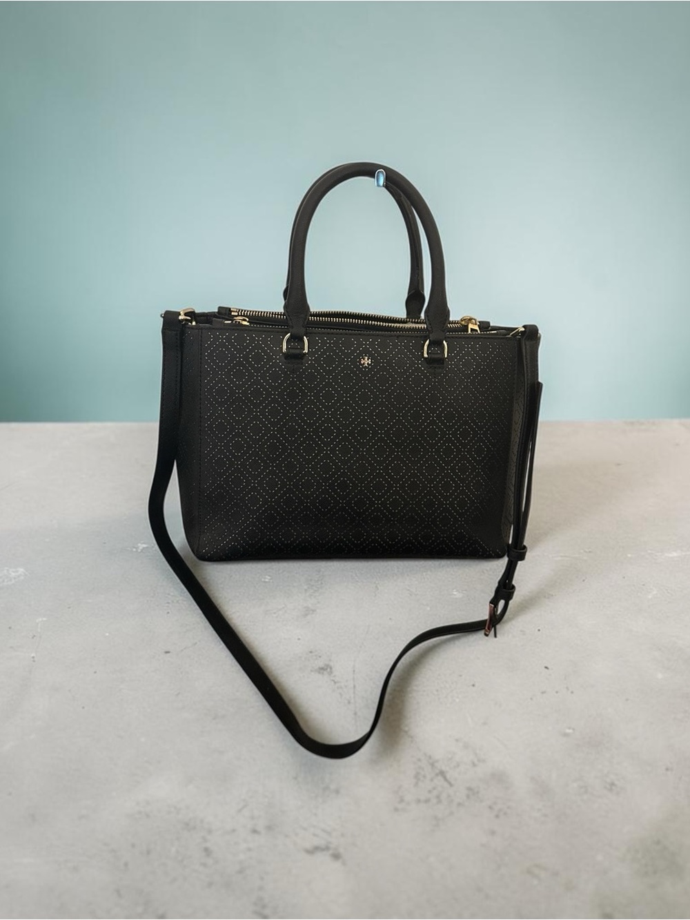 Tory Burch Robinson Perforated Black Leather Double Zip Satchel Shoulder Bag